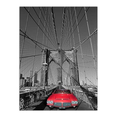 Vintage Malarstwo New York Brooklyn Bridge Czerwony