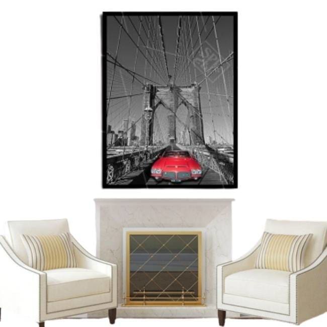 Vintage Malarstwo New York Brooklyn Bridge Czerwony